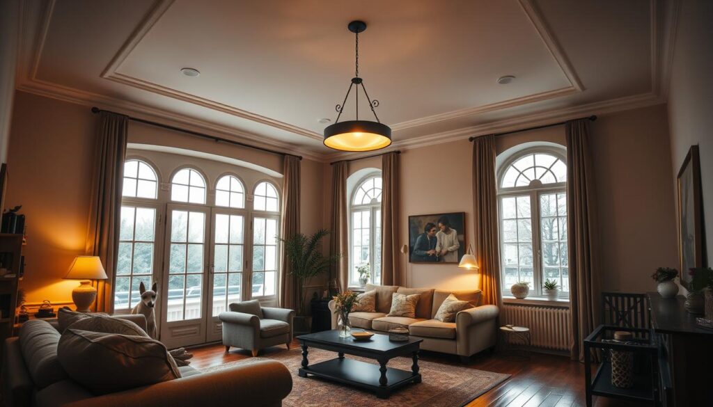 A cozy and inviting living room in a charming German Altbau apartment, bathed in a warm, soft glow of smart lighting. Recessed ceiling fixtures and a stylish pendant lamp cast a gentle illumination across the room, highlighting the rich wooden floors and vintage furnishings. Tall, arched windows allow natural light to filter in, creating a sense of timeless elegance. Smart lighting controls allow the residents to effortlessly adjust the ambiance, setting the perfect mood for relaxation or entertaining. The overall atmosphere is one of understated sophistication and modern comfort, seamlessly blending the historical character of the Altbau with state-of-the-art lighting technology.