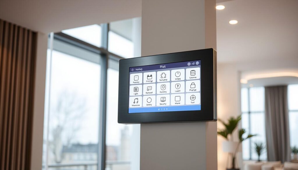 A sleek, minimalist smart home control panel integrated seamlessly into a modern, well-lit interior. The panel features a clean, intuitive touchscreen interface with icons representing various home automation functions - lighting, temperature, security, and more. Elegant, brushed metal accents complement the white and grey color scheme, conveying a high-tech, sophisticated ambiance. Soft, diffused lighting from concealed sources creates a warm, inviting atmosphere, while large windows flood the space with natural daylight. The control panel is positioned prominently, yet unobtrusively, allowing easy access and control of the integrated smart home system.